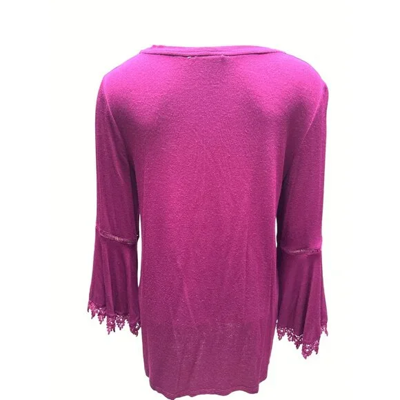 Coverstitched Burgundy Lace Trim Bell Sleeve Top Size M - Picture 3 of 9